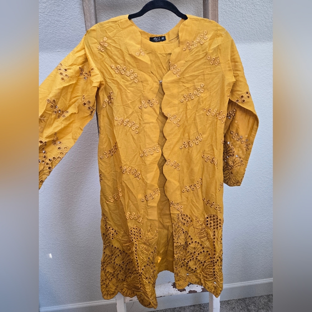 Yellow Embroidered Long Sleeve Pakistani Indian Kurti